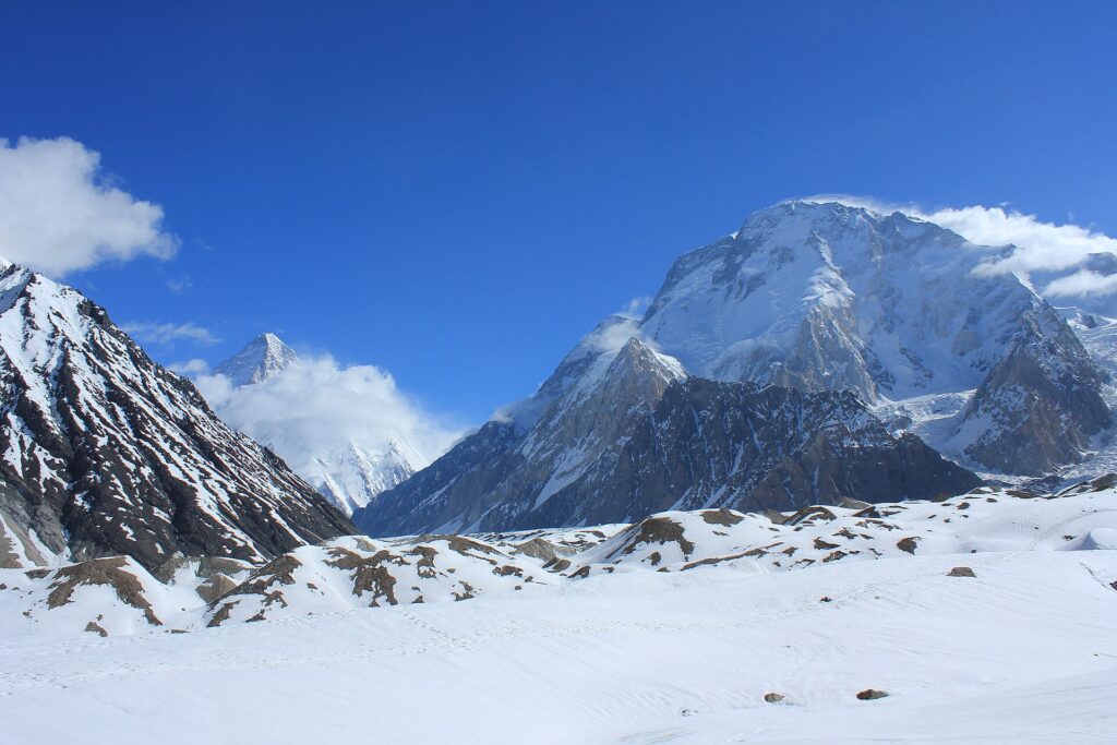 Broad Peak and K2 above the Karakoram glaciers in Pakistan