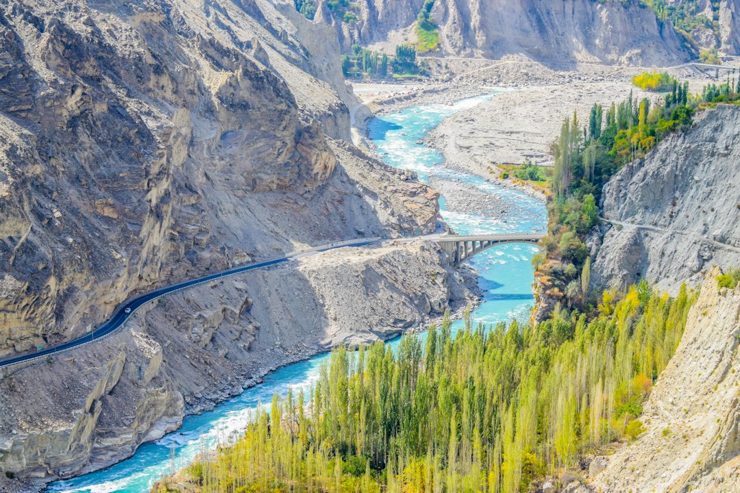 Aerial view of the Hunza Valley river and mountains in Pakistan
