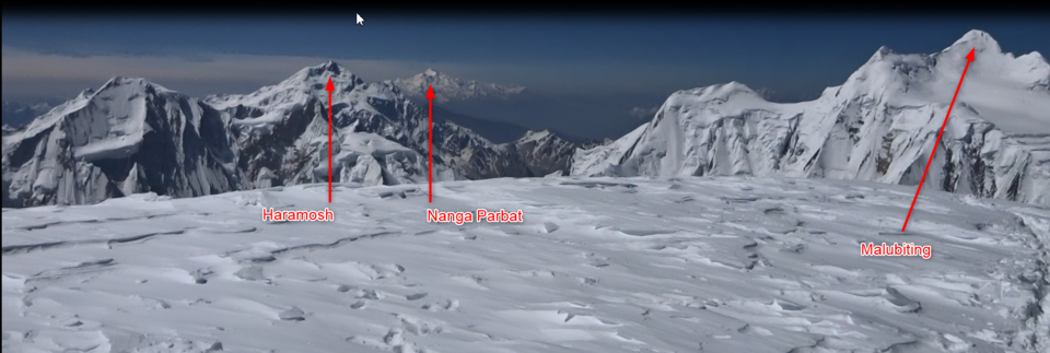 Panoramic summit view including Haramosh and surrounding Karakoram peaks