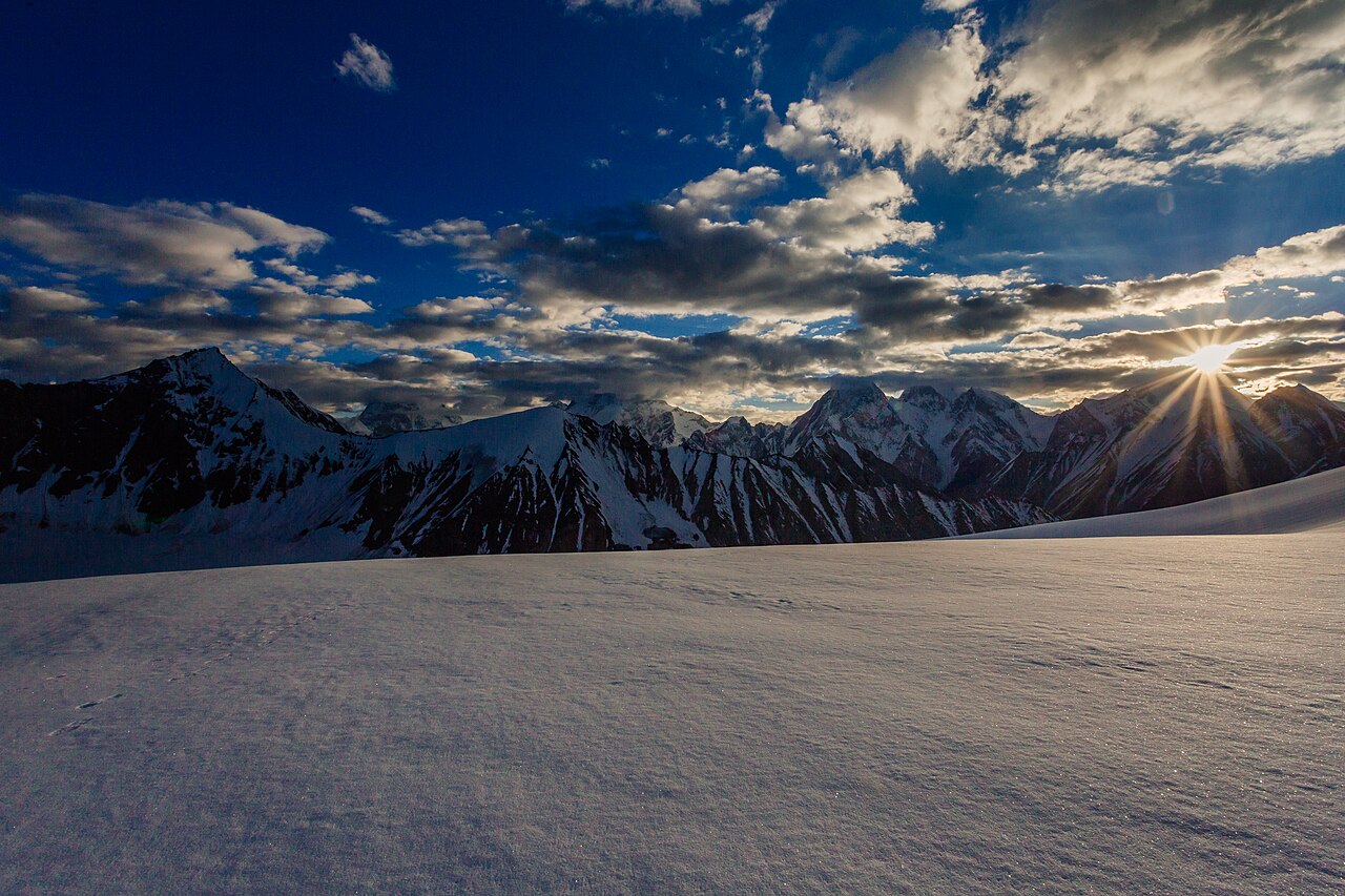 Sunrise from Gondogoro La over K2, Broad Peak and Gasherbrum II