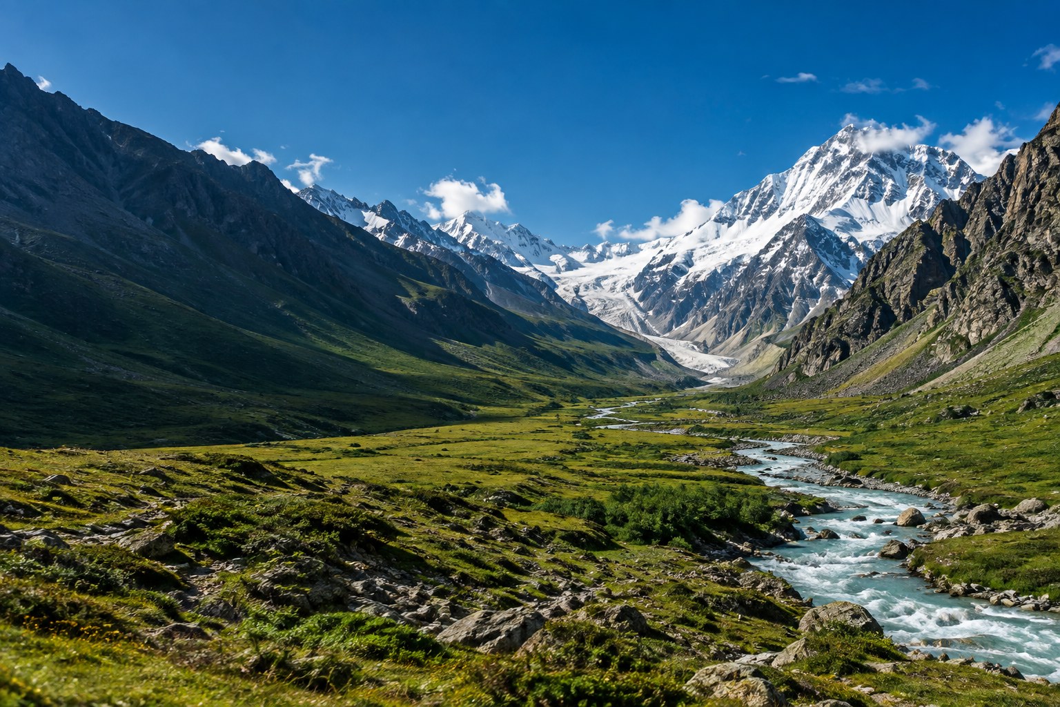 Thallay La pass above green alpine meadows in Baltistan