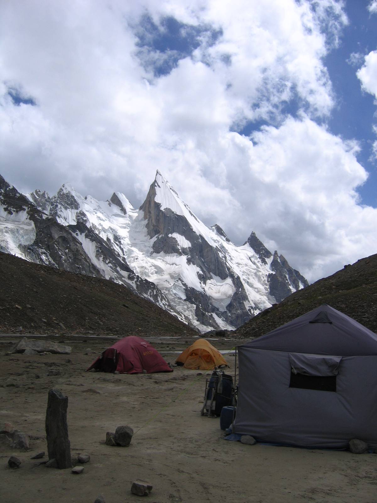 Trekking camp with a direct view of Laila Peak in Pakistan